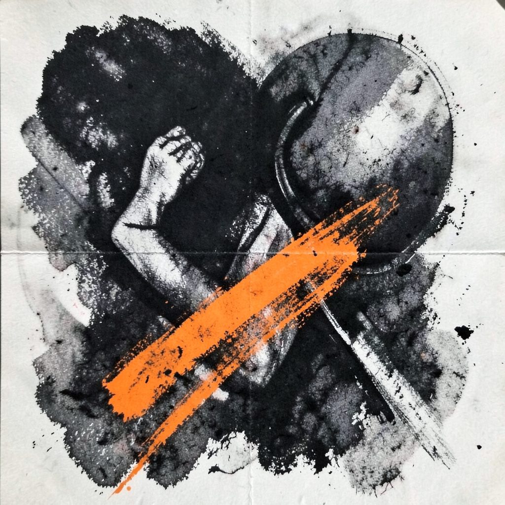 Dessin charbon sombre et énergique de deux silhouettes en posture de boxe olympique, traits noirs et gris sur fond anthracite, ambiance intense et disciplinée