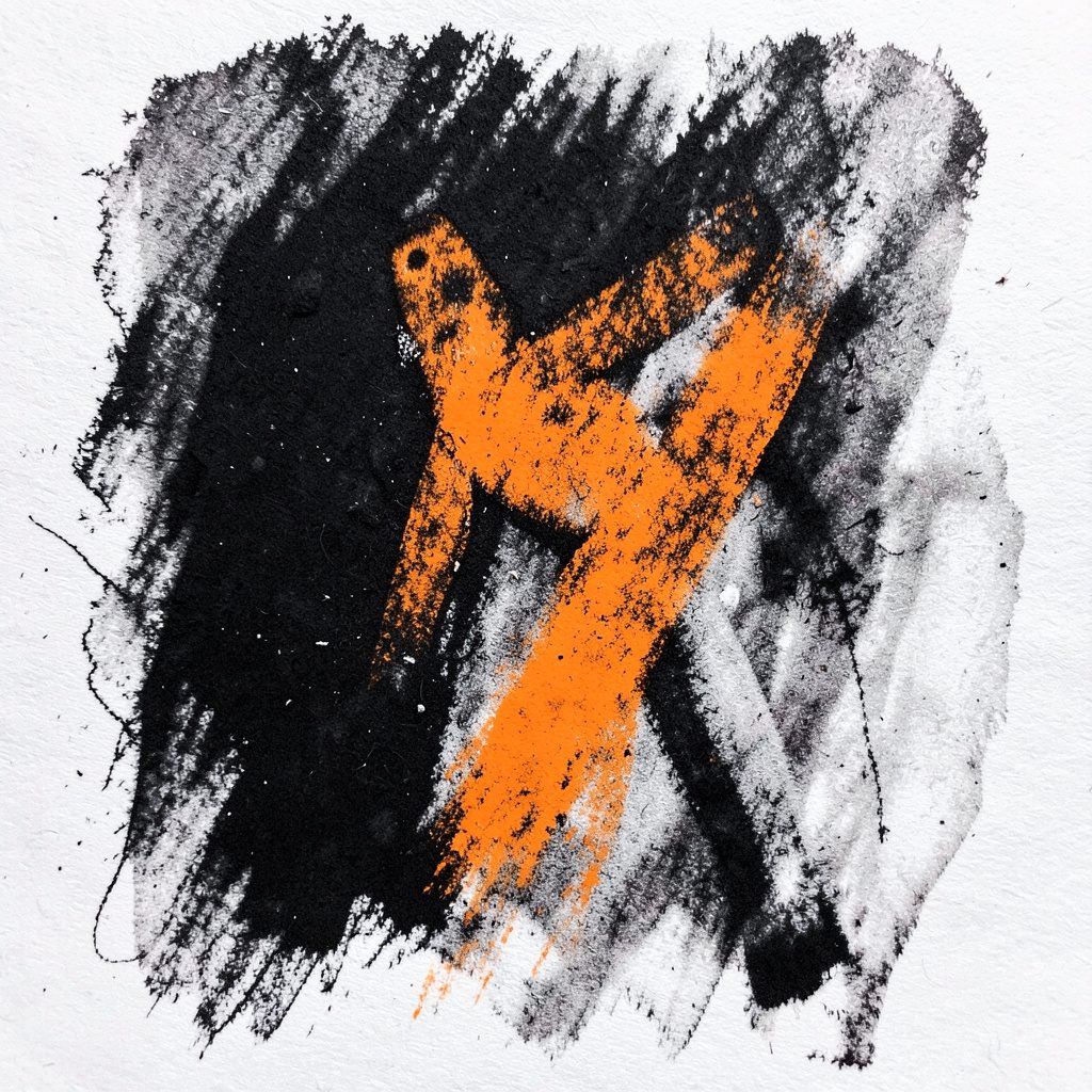 Dessin charbon dynamique d'une silhouette en mouvement athlétique, traits noirs épais sur fond sombre, ambiance intense