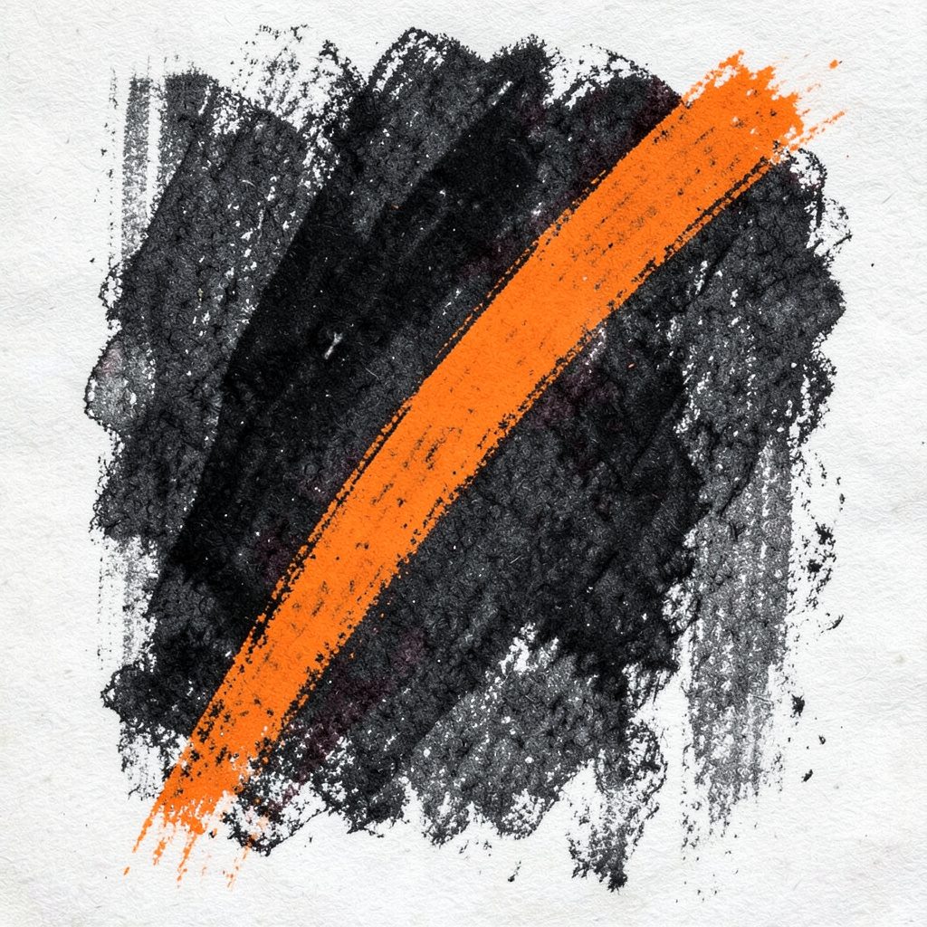 Dessin au fusain d'une séance d'entraînement en visioconférence, ambiance sobre en gris foncé et orange