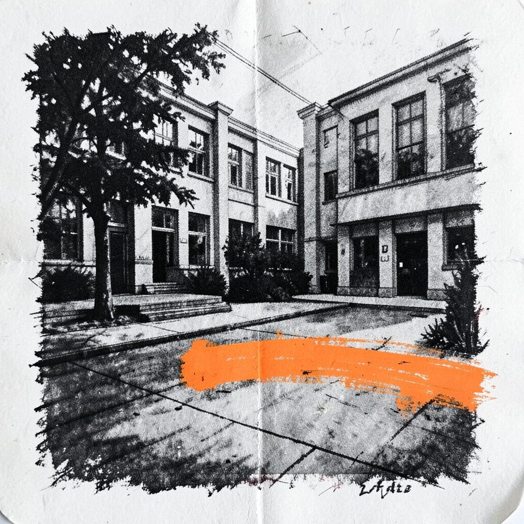 Dessin au fusain d'un campus universitaire animé, traits noirs et gris sur fond clair, ambiance énergique et studieuse