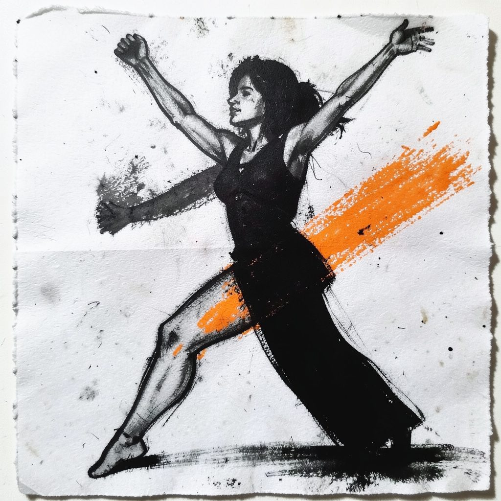 Dessin au charcoal d'une silhouette en mouvement de danse, lignes noires dynamiques sur fond gris foncé, ambiance énergique